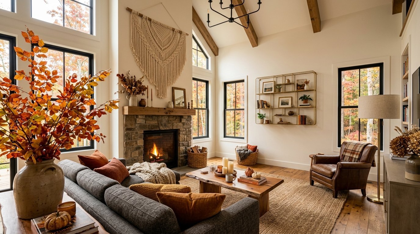 Modern living room featuring a stone fireplace, fall foliage decor, a grey sofa, and leather armchair.