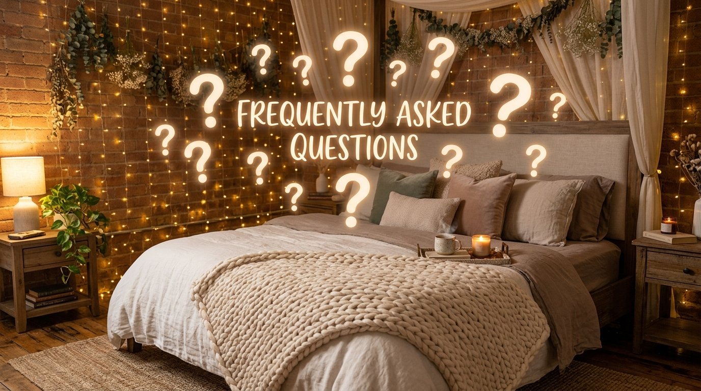 A rustic bedroom with fairy lights and text reading Frequently Asked Questions surrounded by glowing question marks.