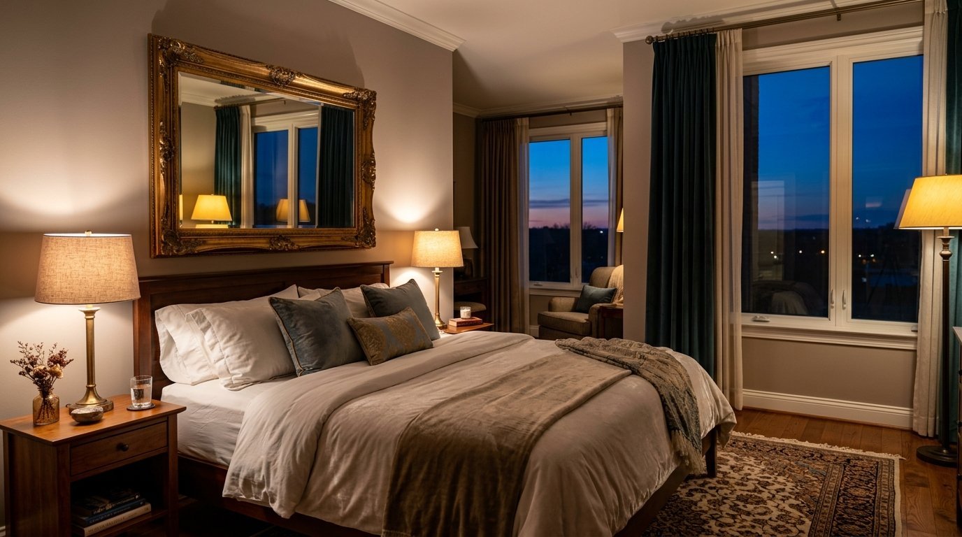 A bedroom at dusk with a gold-framed mirror over a bed, bedside lamps, and large windows with blue evening views.