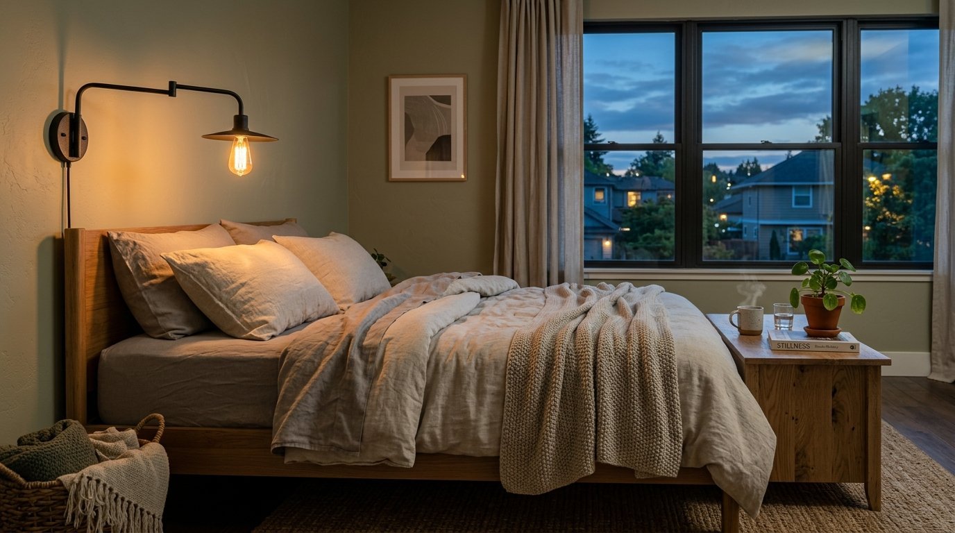 Modern wooden bed with linen bedding near a window at dusk with a wall-mounted light fixture.