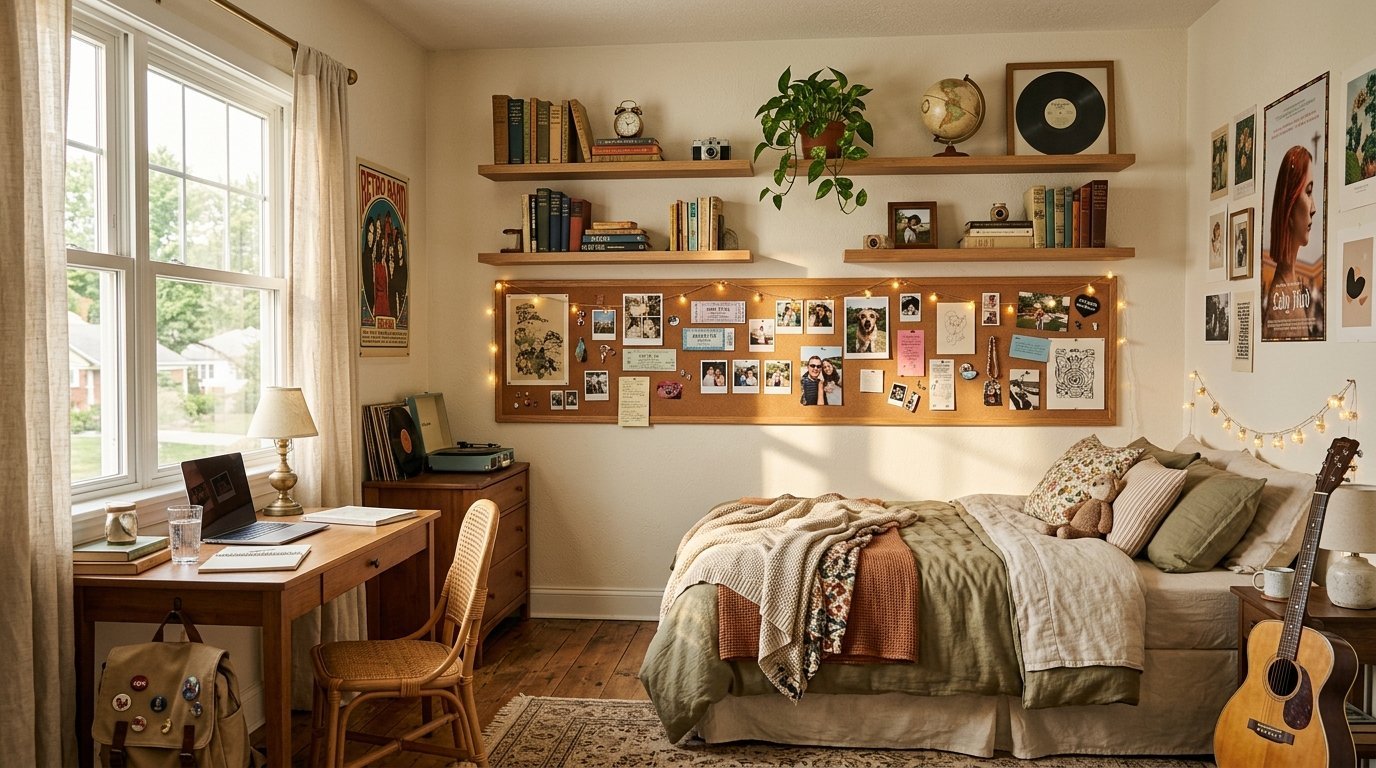 Cozy bedroom with wooden desk, cork photo board, wall shelving, and made bed with earth-toned linens.