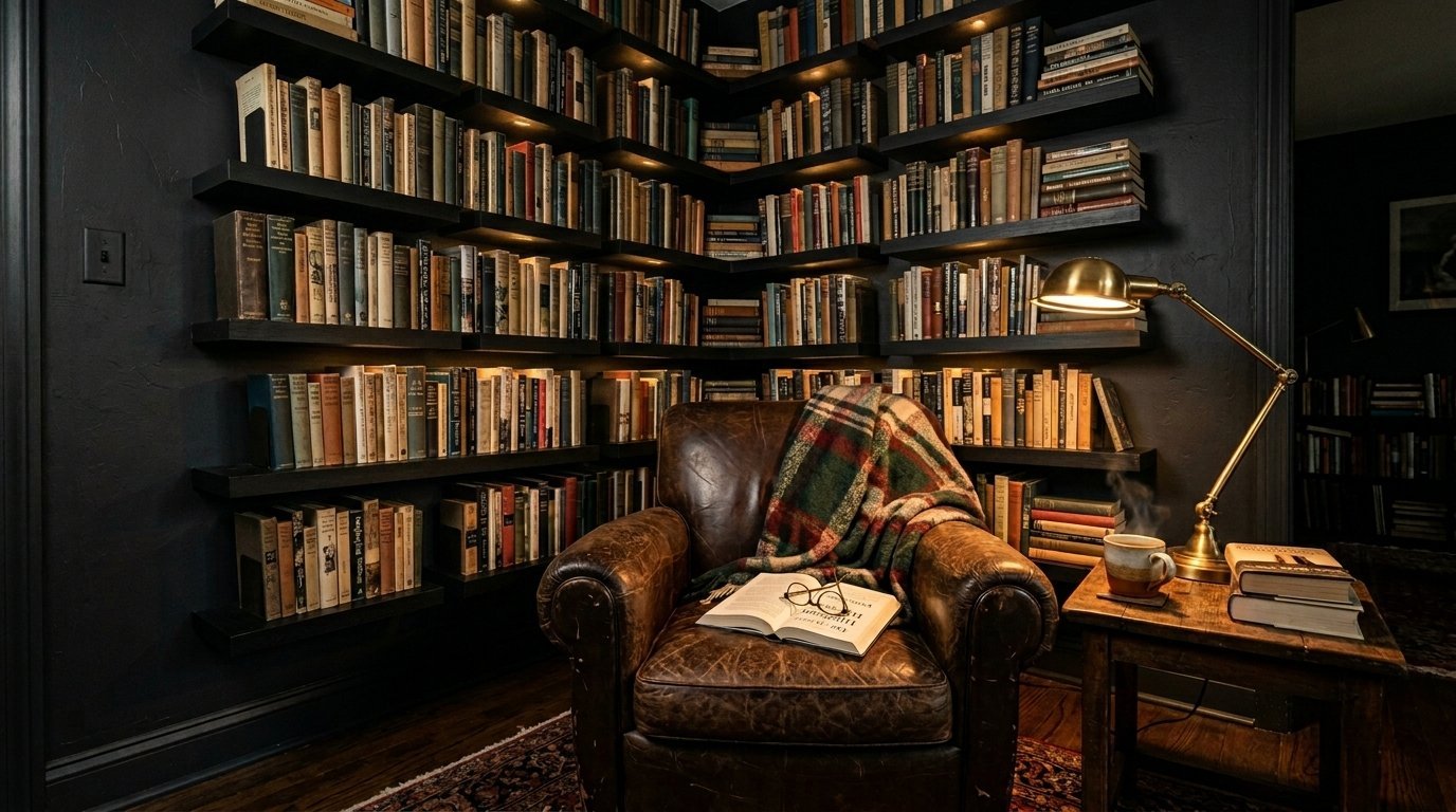 A rustic brown leather chair sits in a corner with wall-to-wall bookshelves, a plaid throw, and an open book.