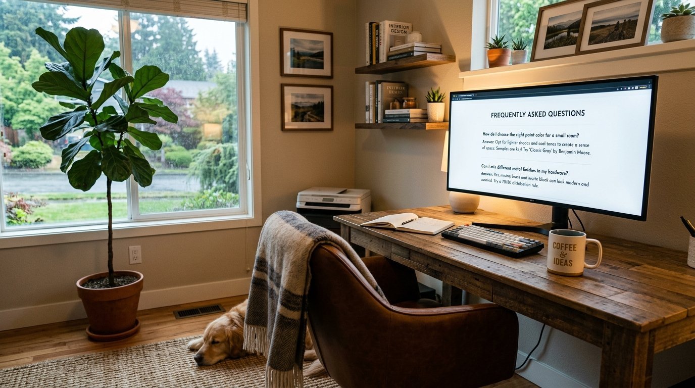 A wooden desk with a computer monitor and coffee mug near a window and a dog resting on a rug.