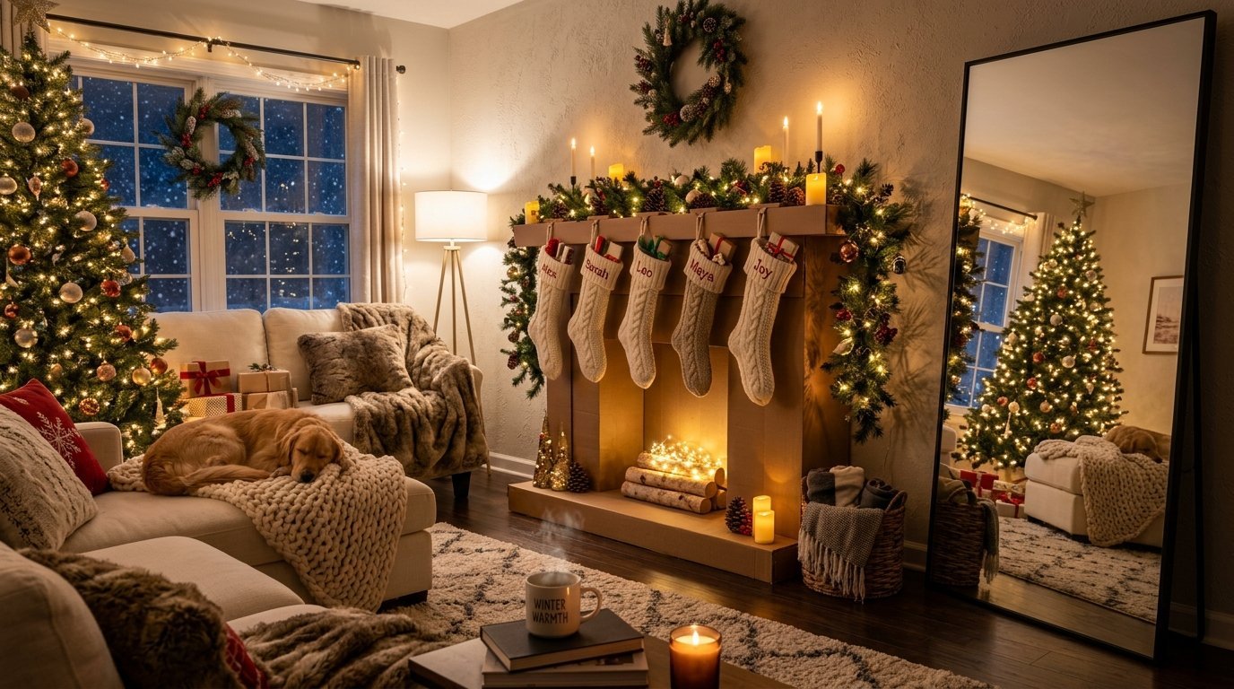 A dog sleeps on a couch in a living room decorated for Christmas with stockings on the fireplace mantel.