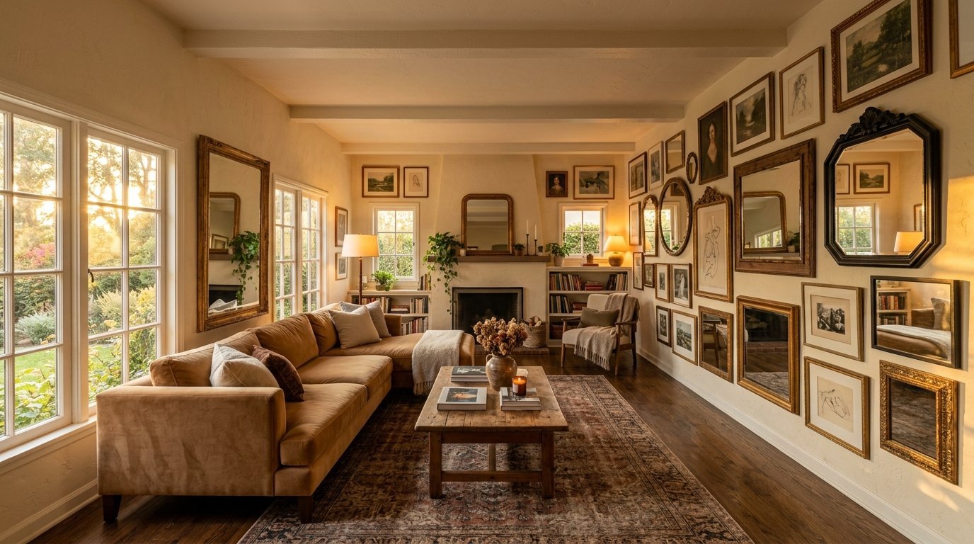 A sun-drenched living room with a tan velvet sectional, rustic coffee table, and a wall full of framed art and mirrors.