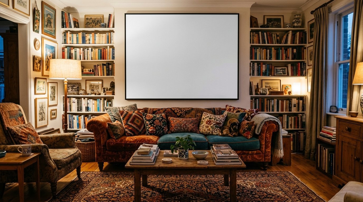 Cozy living room with patterned velvet sofa, filled bookshelves, and a large blank rectangular frame on the wall.