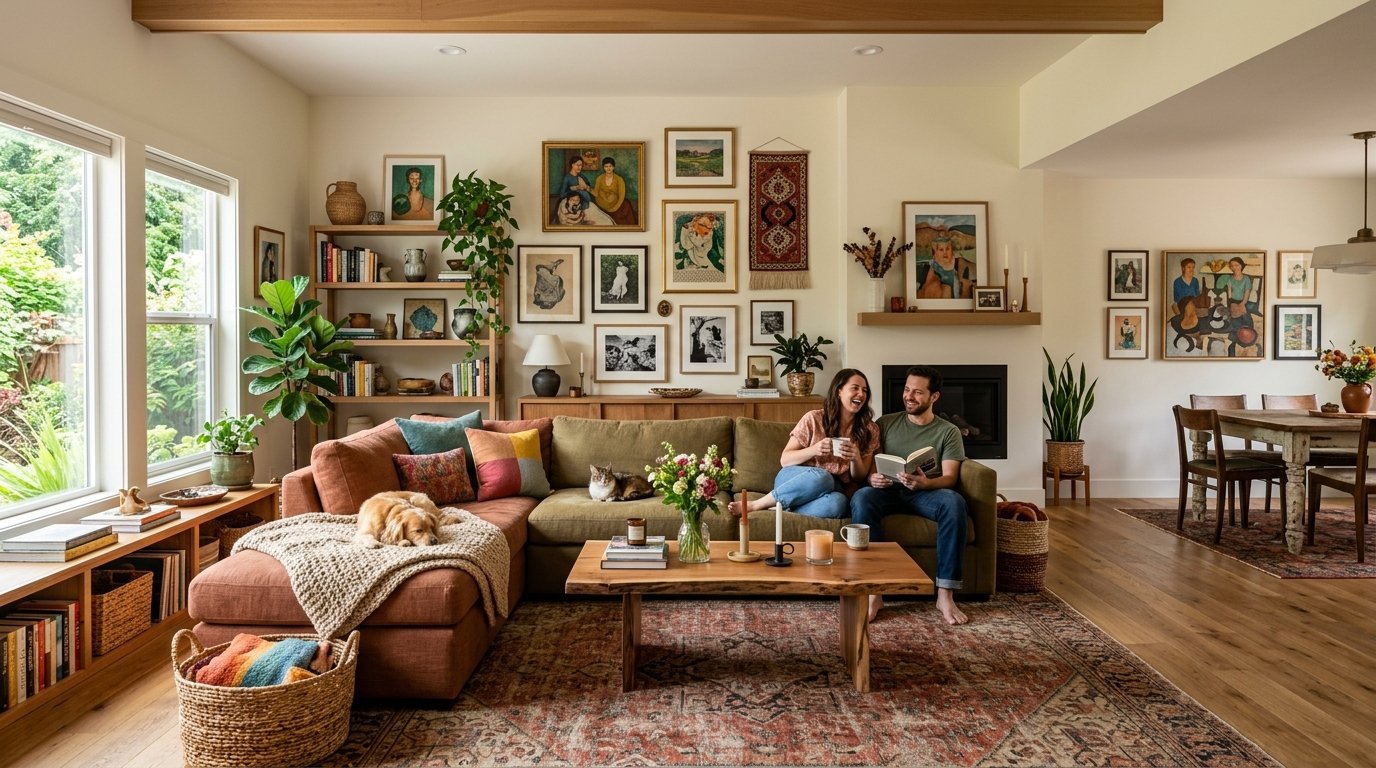 A man and woman laughing while sitting on a large green sectional sofa in a sunlit, art-filled living room.
