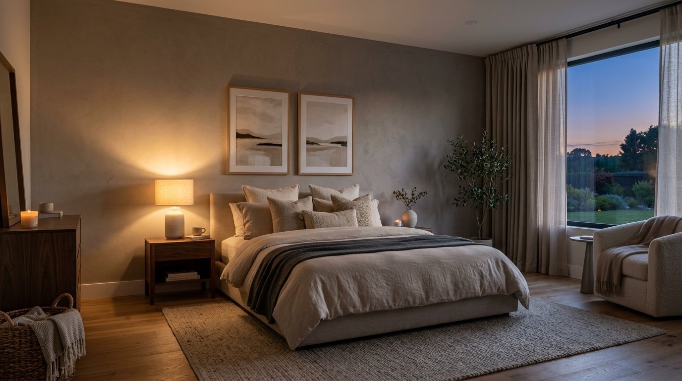 Neutral bedroom with a plush bed, bedside lamp, wall art, and a large window overlooking a twilight garden.
