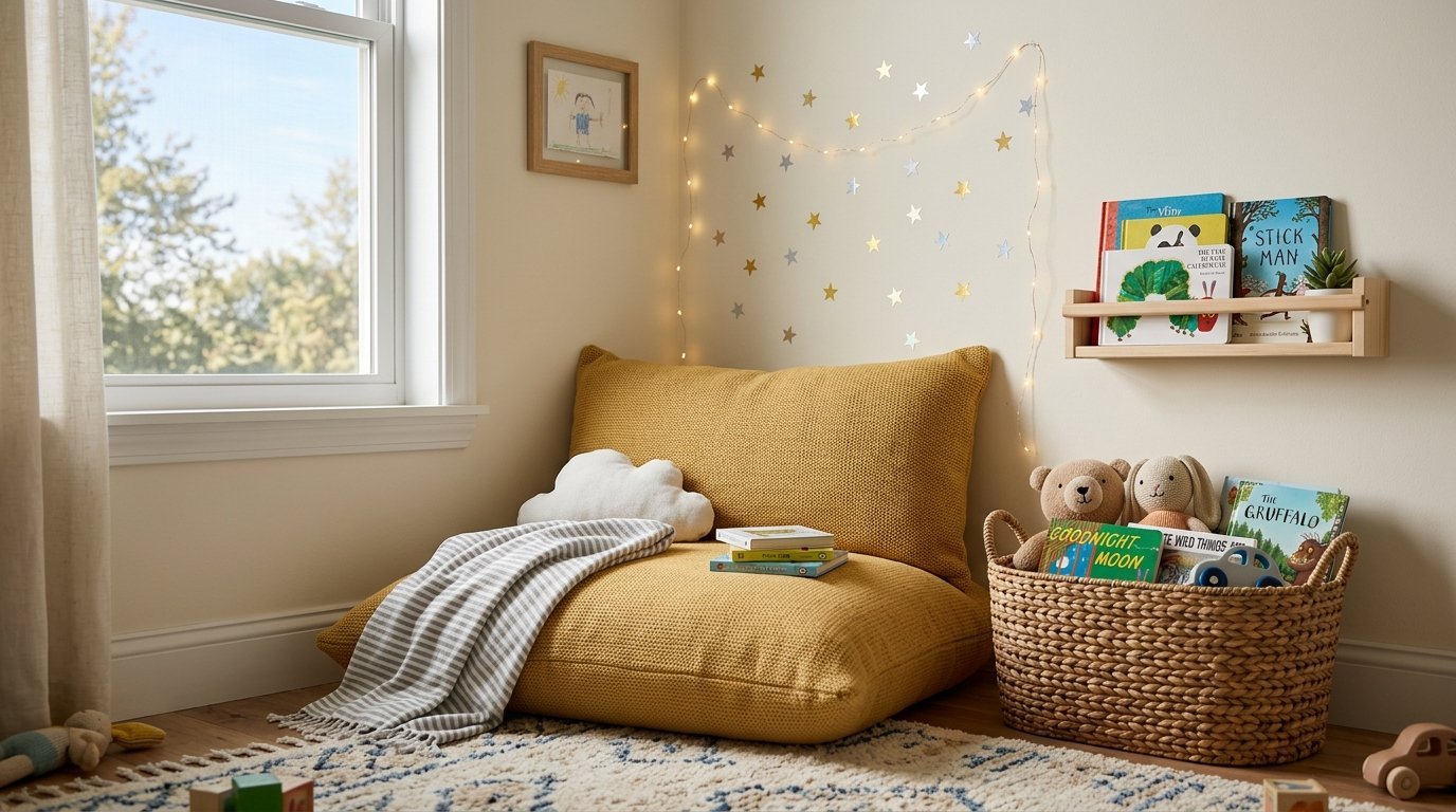 Mustard yellow floor cushion with a cloud pillow and books in a nursery corner with fairy lights and a toy basket.
