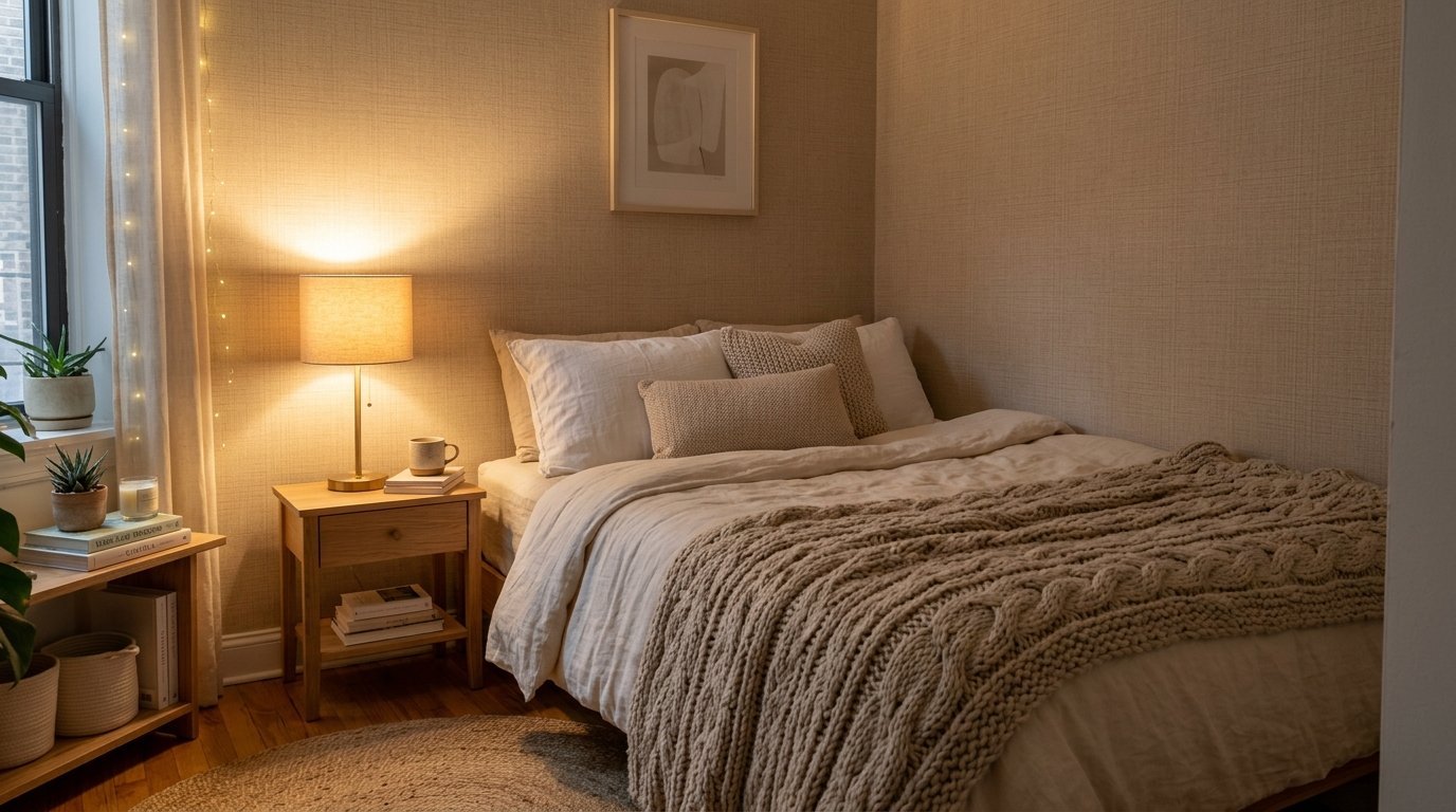 Modern bedroom with a wooden nightstand, linen bedding, textured beige walls, and a thick braided blanket.