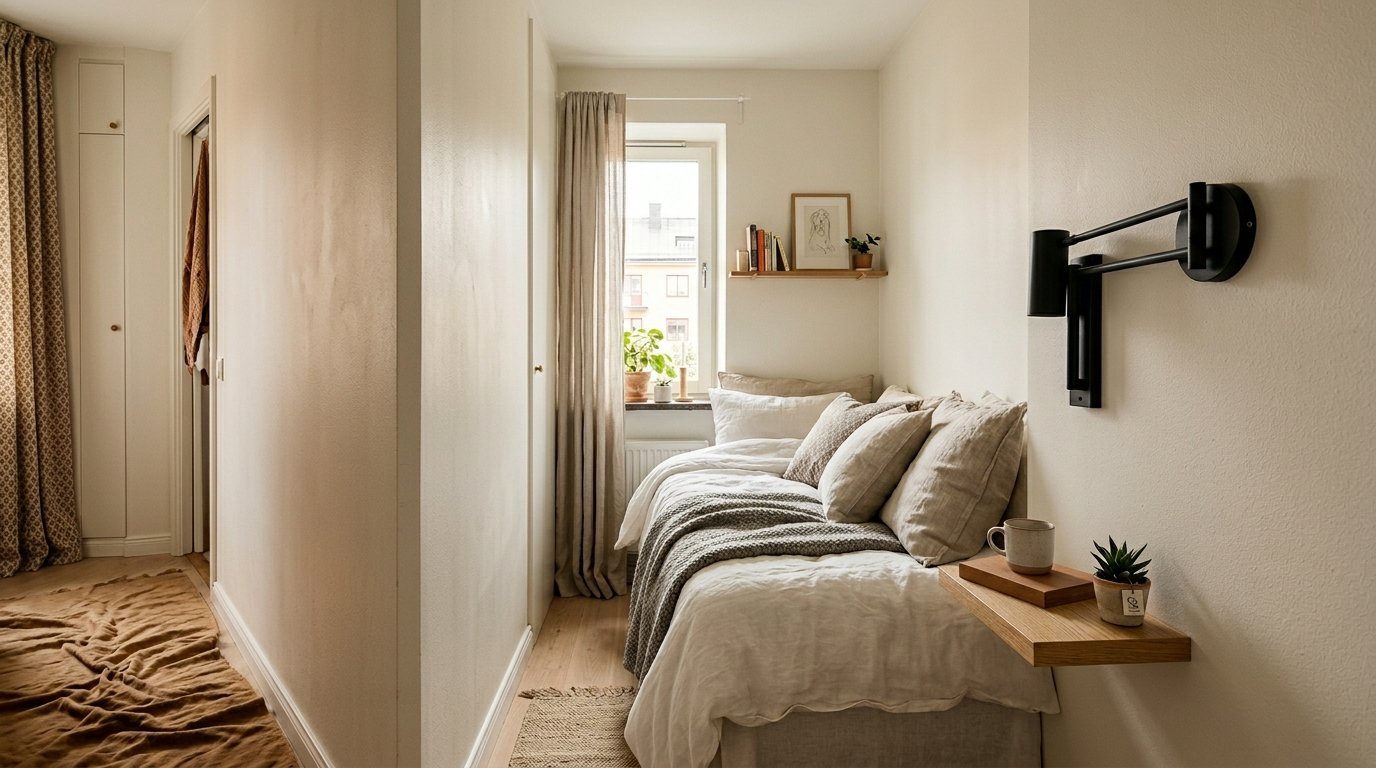 A narrow bedroom with a twin bed, beige bedding, floating bedside shelf, and a black adjustable wall lamp.
