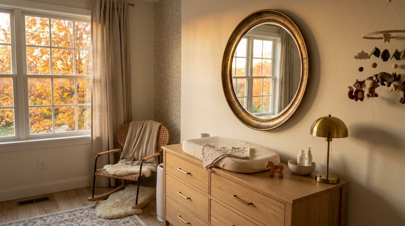 A wooden dresser with a changing pad and lamp under a round gold mirror in a sunny nursery with a rocking chair.