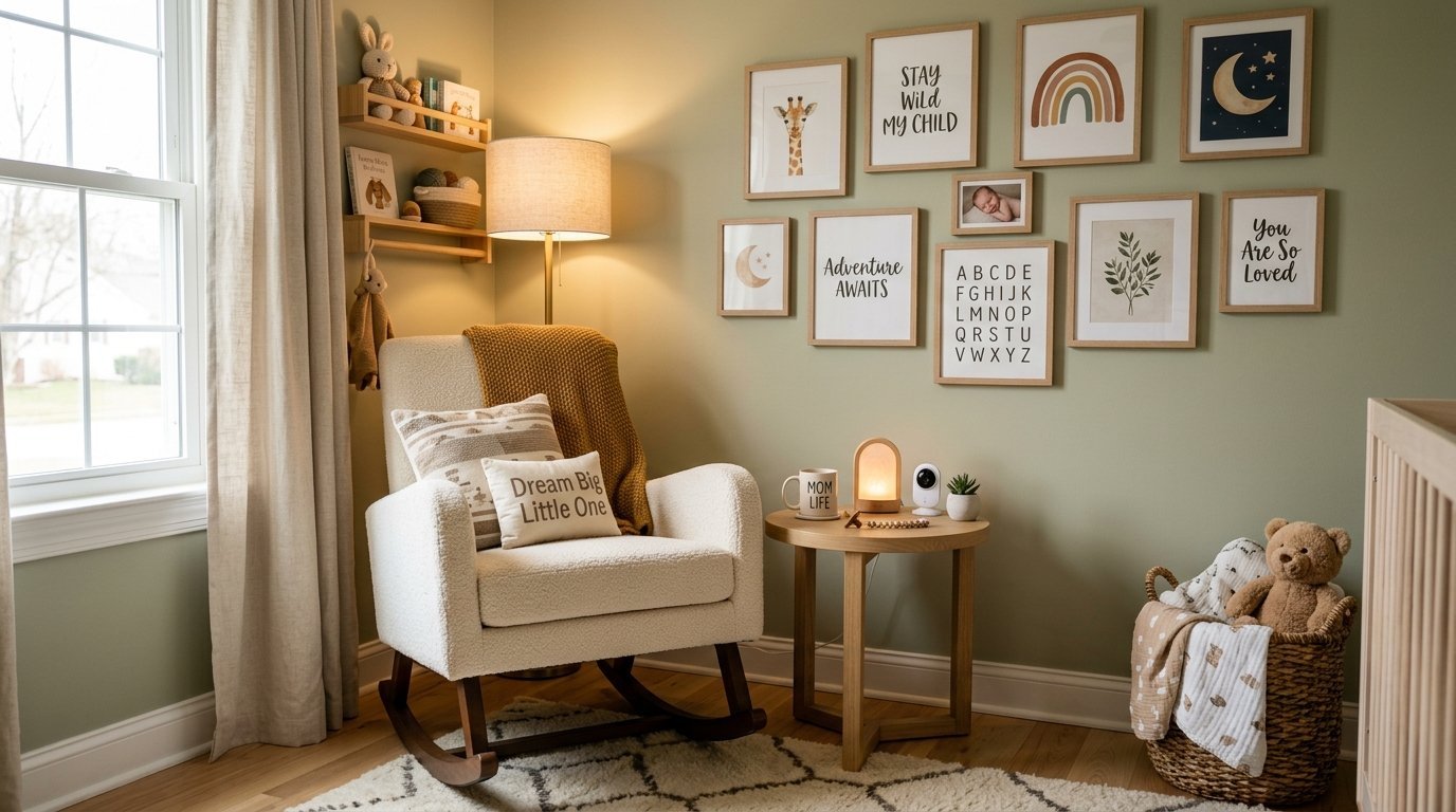 A cream-colored rocking chair sits next to a small wooden table and a gallery wall in a soft green baby nursery.