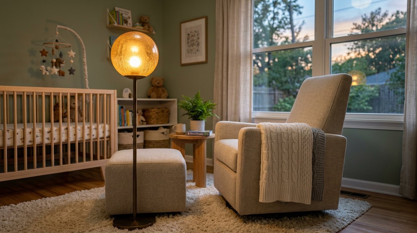 Modern nursery interior with a plush armchair, matching ottoman, wooden crib, and a vibrant golden orb floor lamp.