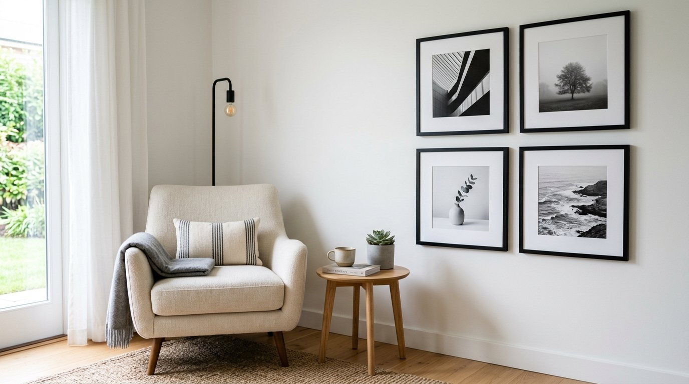 A cream armchair with a striped pillow next to a wooden side table and four framed black and white nature photos.