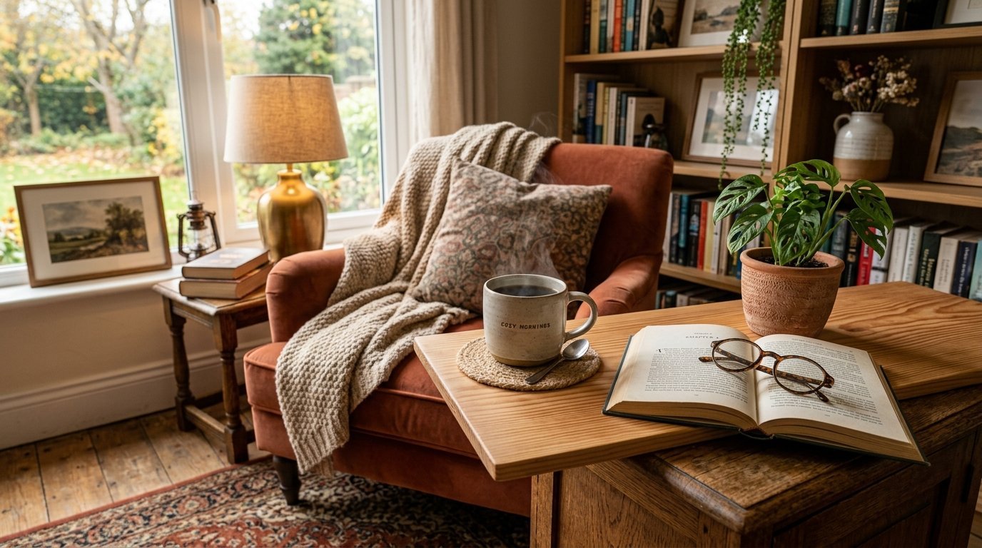 An open book and steaming coffee mug on a wooden table beside an orange armchair in a sunlit home library.