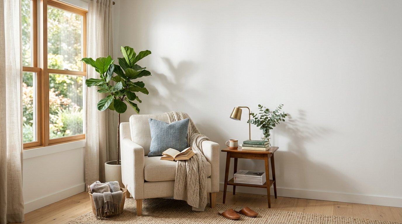 Cream colored armchair next to a fiddle leaf fig and wooden side table in a sunlit room.