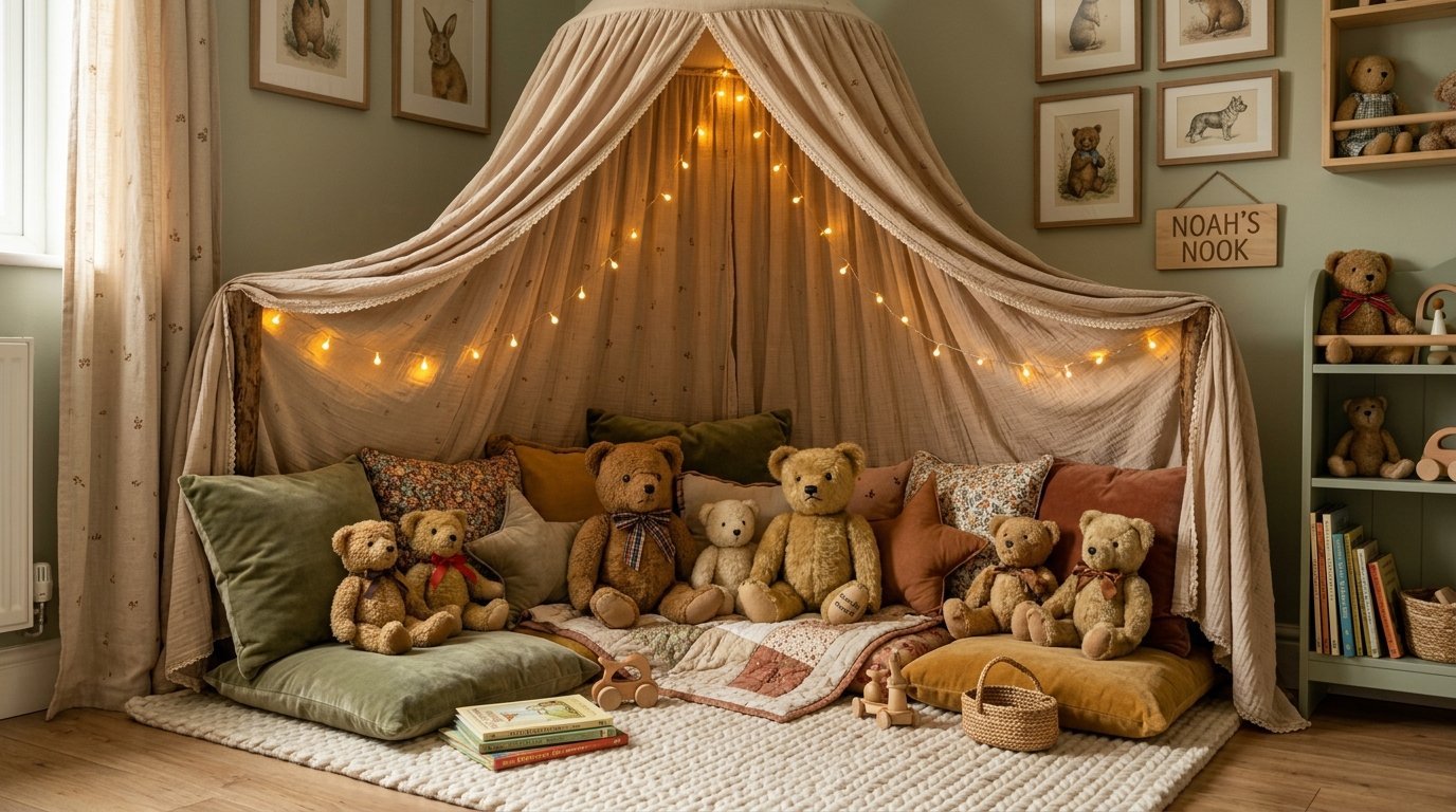 Children's corner with a beige draped canopy, string lights, and numerous stuffed teddy bears on floor cushions.