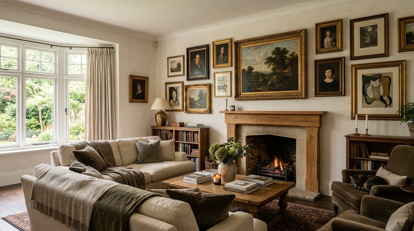 A cream-colored sofa and brown armchairs face a lit fireplace adorned with framed antique portrait paintings.