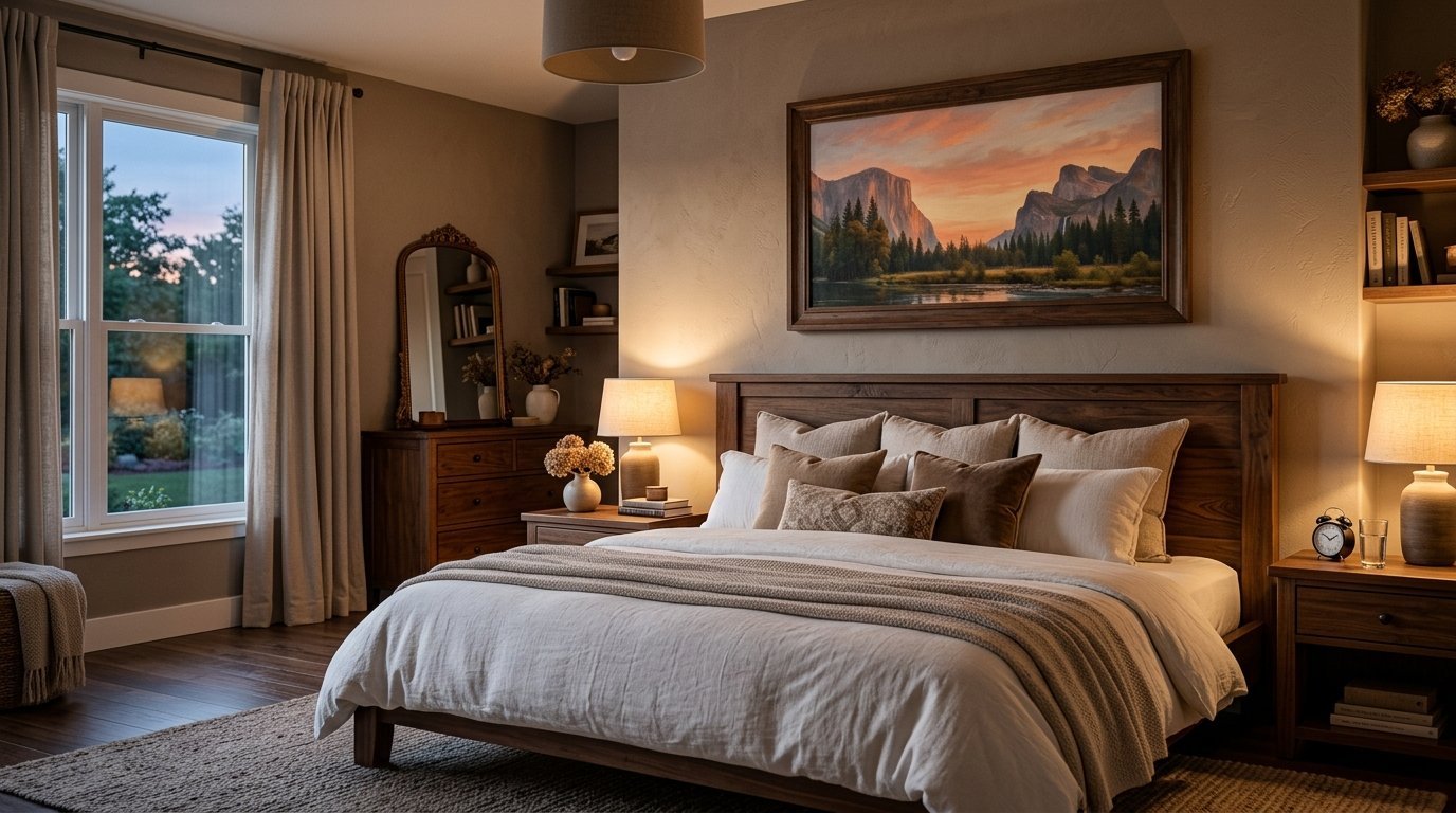 Modern rustic bedroom with walnut furniture, neutral bedding, and a sunset mountain painting on the wall.