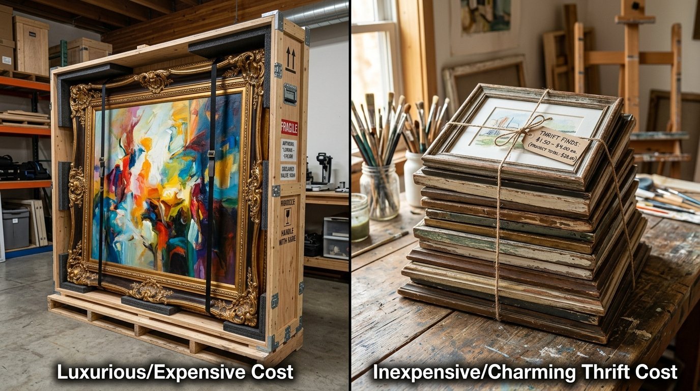 Split view showing a large ornate framed painting in a wooden crate next to a stack of inexpensive thrift store frames.