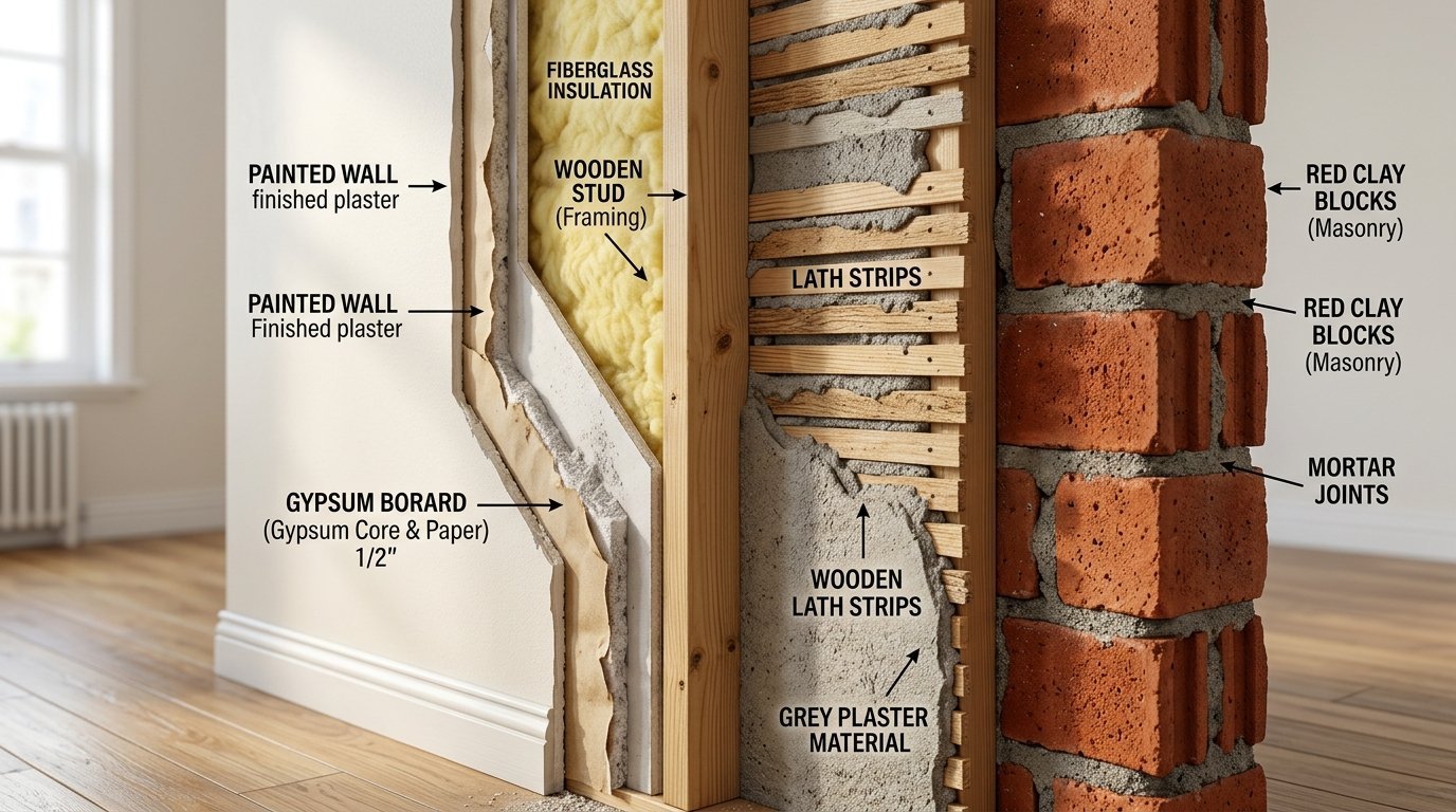 Detailed cross-section view of wall layers including brick masonry, lath, wooden studs, insulation, and plasterboard.