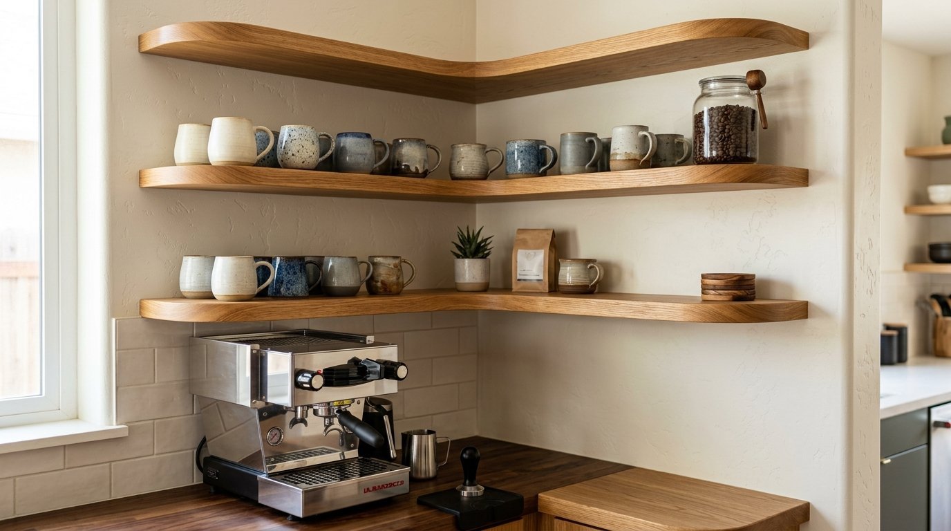 Espresso machine sitting on a wood counter beneath two tiers of floating oak corner shelves holding artisan mugs.