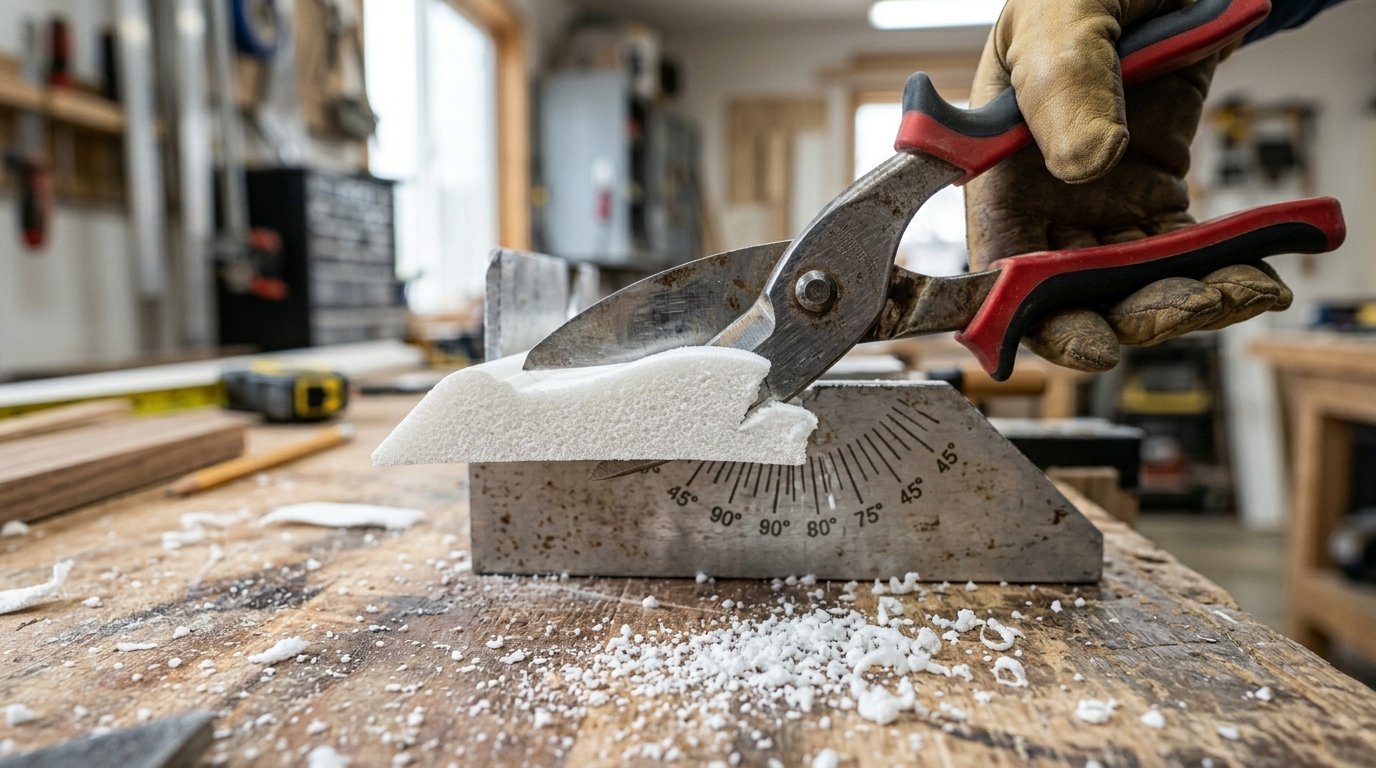 Gloved hand uses metal snips to trim a piece of white styrofoam molding on a workbench.