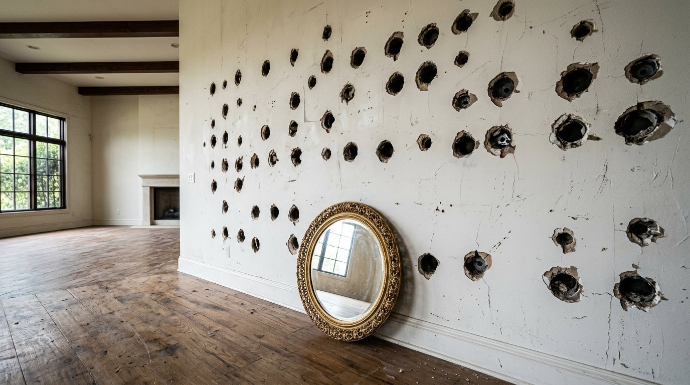 Round ornate mirror on a hardwood floor in front of a white wall riddled with dozens of small circular holes.