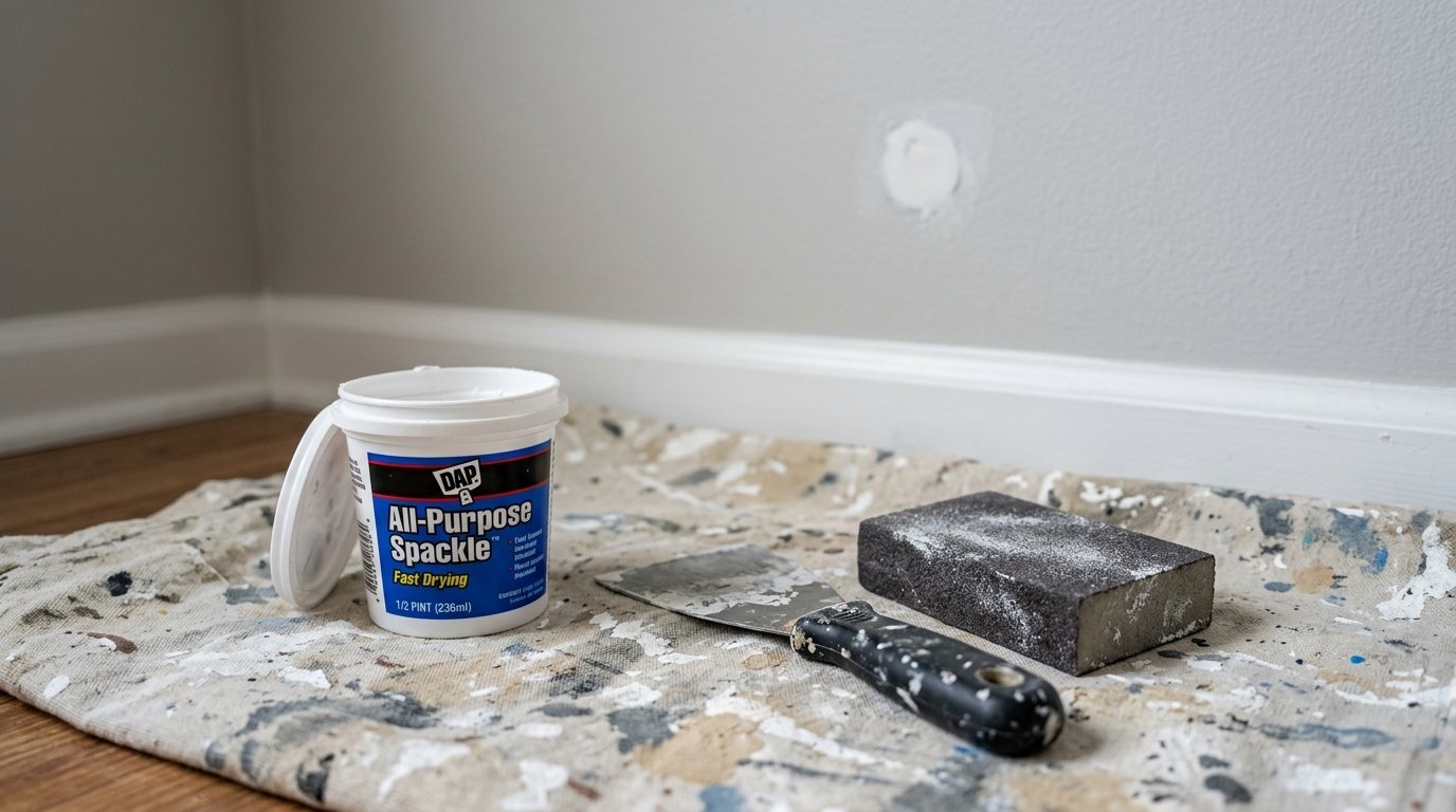 A tub of Dap spackle, metal putty knife, and sanding block on a paint-splattered canvas drop cloth.