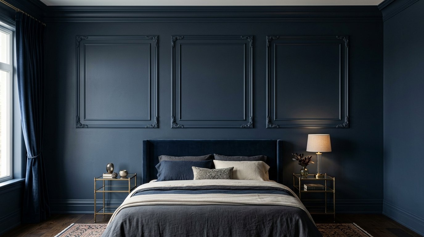 Modern luxury bedroom with dark navy walls, decorative wall panels, and matching blue velvet upholstered headboard.