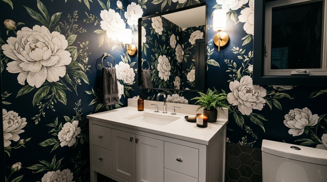 Modern white vanity cabinet set against navy blue wall covering with white peony botanical patterns.