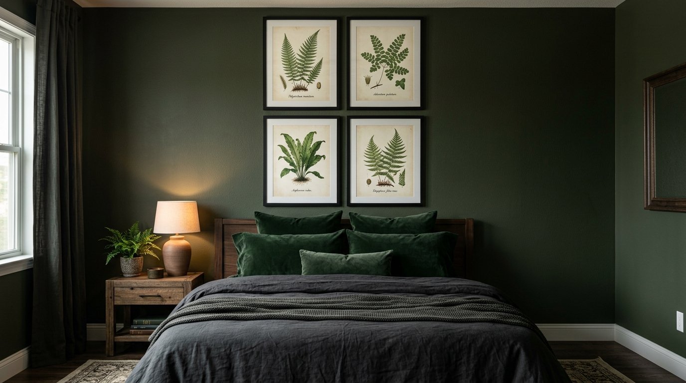 Modern bedroom with dark green walls, a grey duvet, and four scientific fern illustrations displayed in a grid.