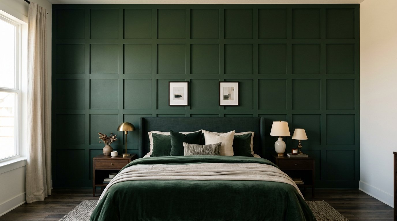 A bedroom with a dark green grid paneled accent wall, a plush velvet bed, and wooden side tables with lamps.