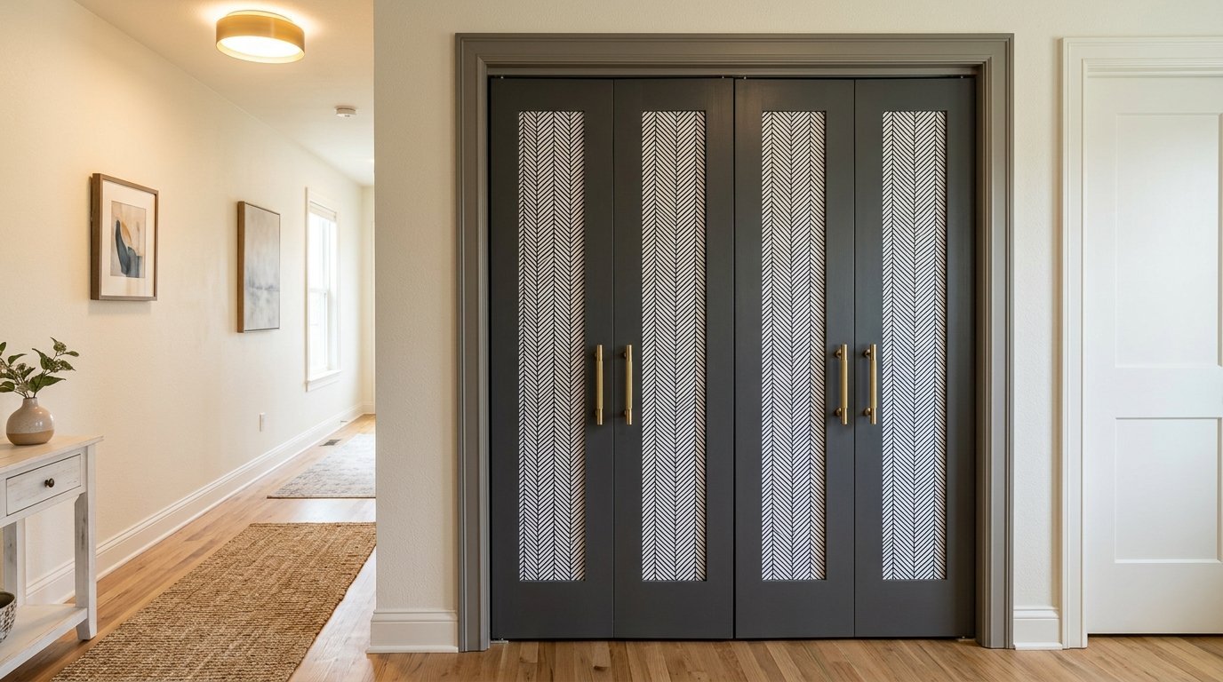 Close-up of charcoal grey closet doors with brass handles and white herringbone pattern insets.
