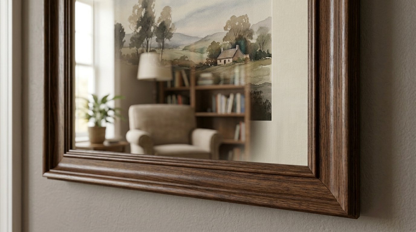 Close up of a dark wood mirror frame reflecting an armchair, bookshelf, and houseplant in a room.