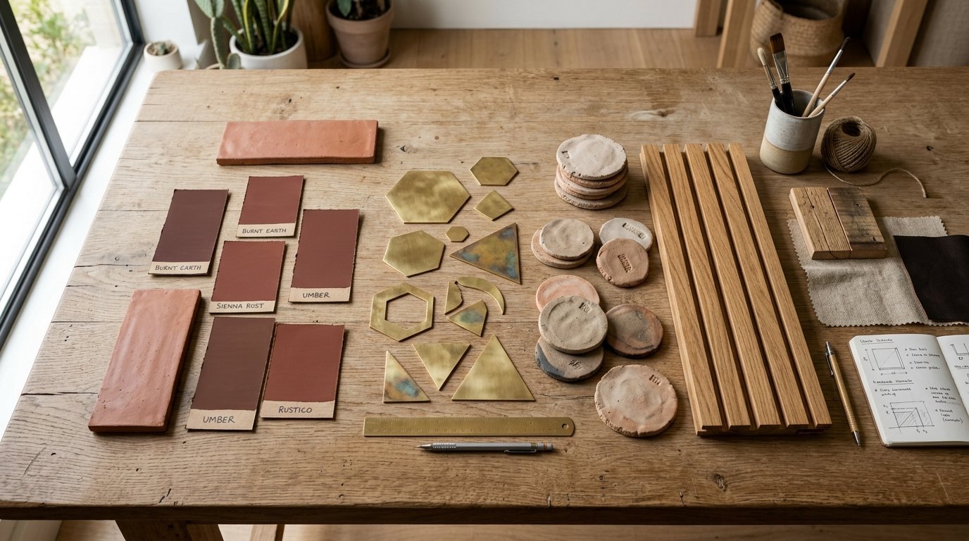 Top-down view of interior design samples featuring color swatches, clay coasters, brass shapes, and a wooden rack.