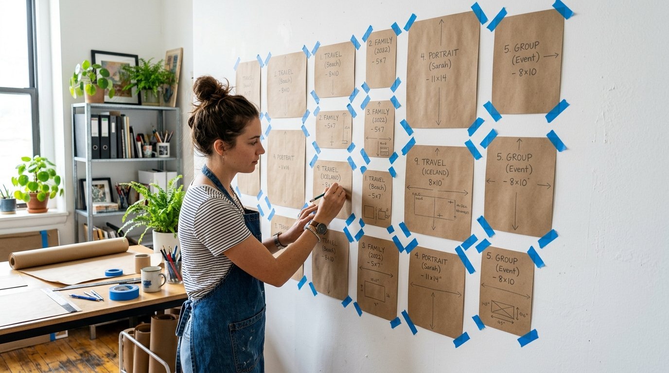 A woman in an apron uses a pencil to draw measurements on paper templates taped to a white wall for gallery art planning.