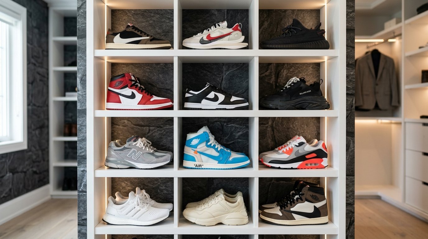 Close-up view of a custom white shelving unit filled with various designer athletic shoes and limited edition sneakers.