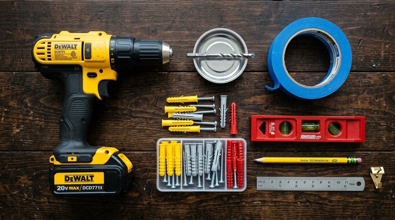 A DeWalt cordless drill, blue painters tape, level, pencil, ruler, and assorted wall anchors on a wooden surface.