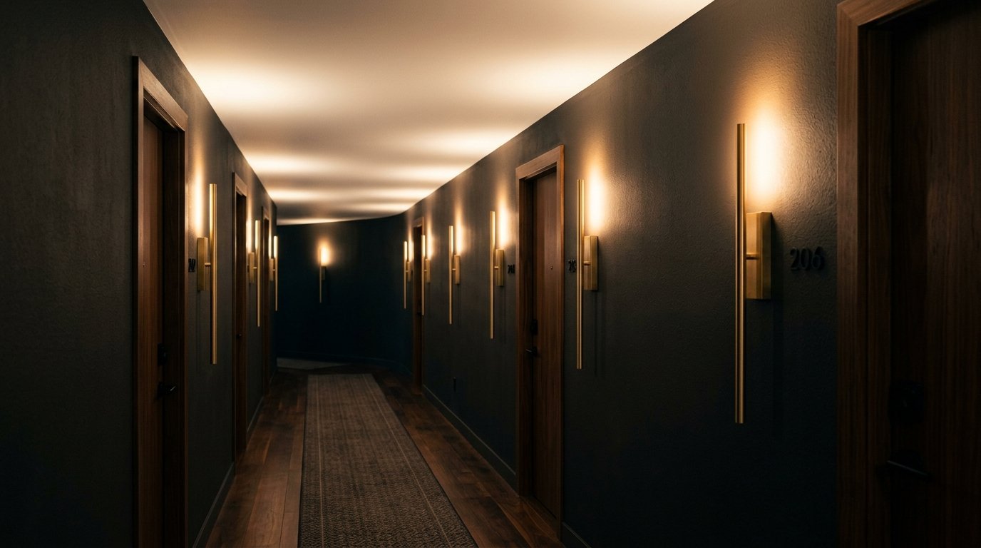Long hotel hallway with black walls, wooden doors, and vertical gold light fixtures casting a warm glow.
