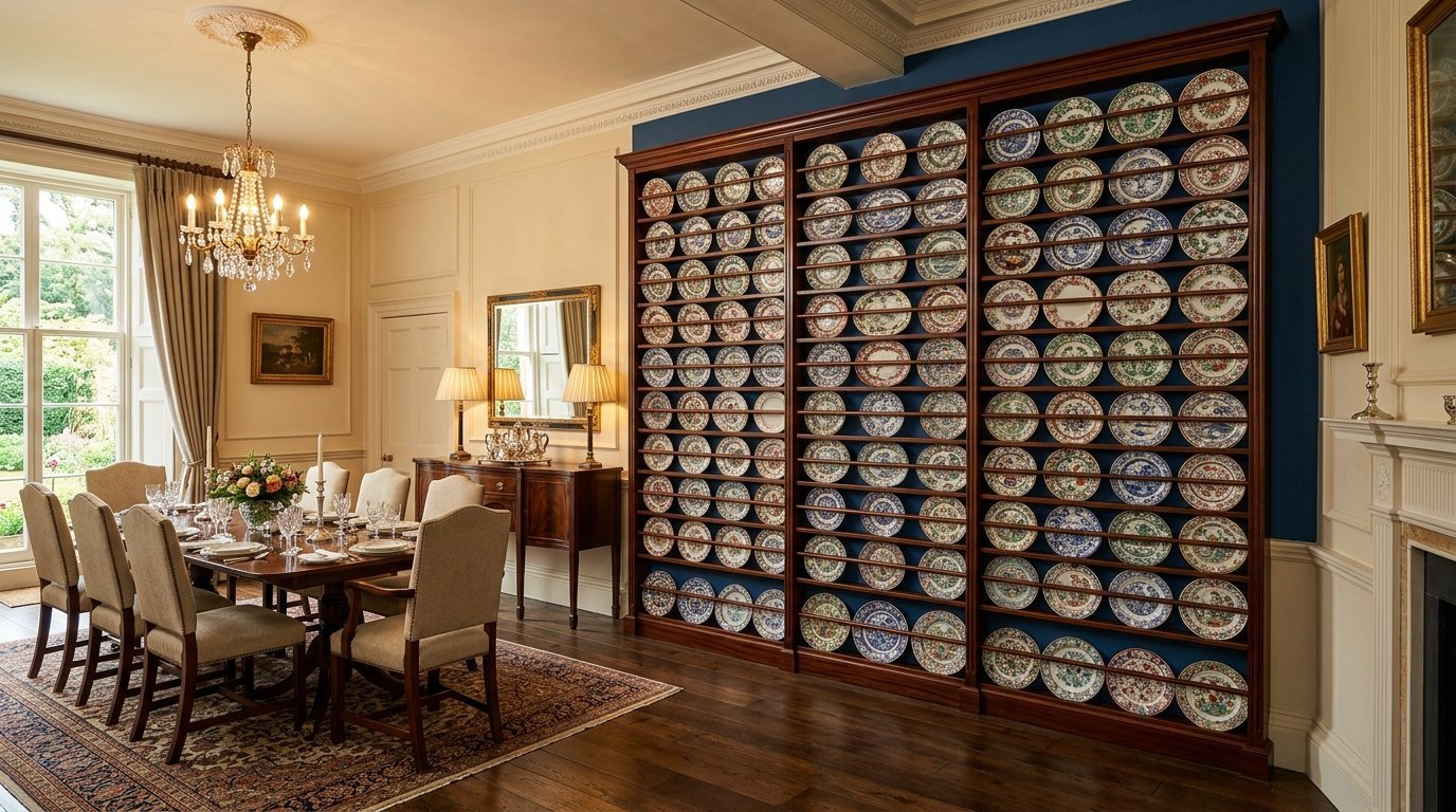 A formal dining room with a large wooden shelving unit filled with rows of decorative porcelain plates.