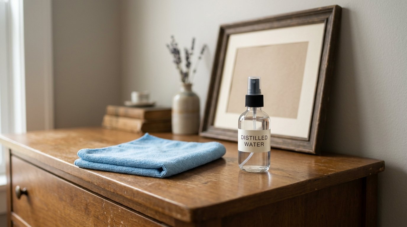 A clear glass spray bottle labeled distilled water next to a folded blue microfiber cloth on a wooden dresser.