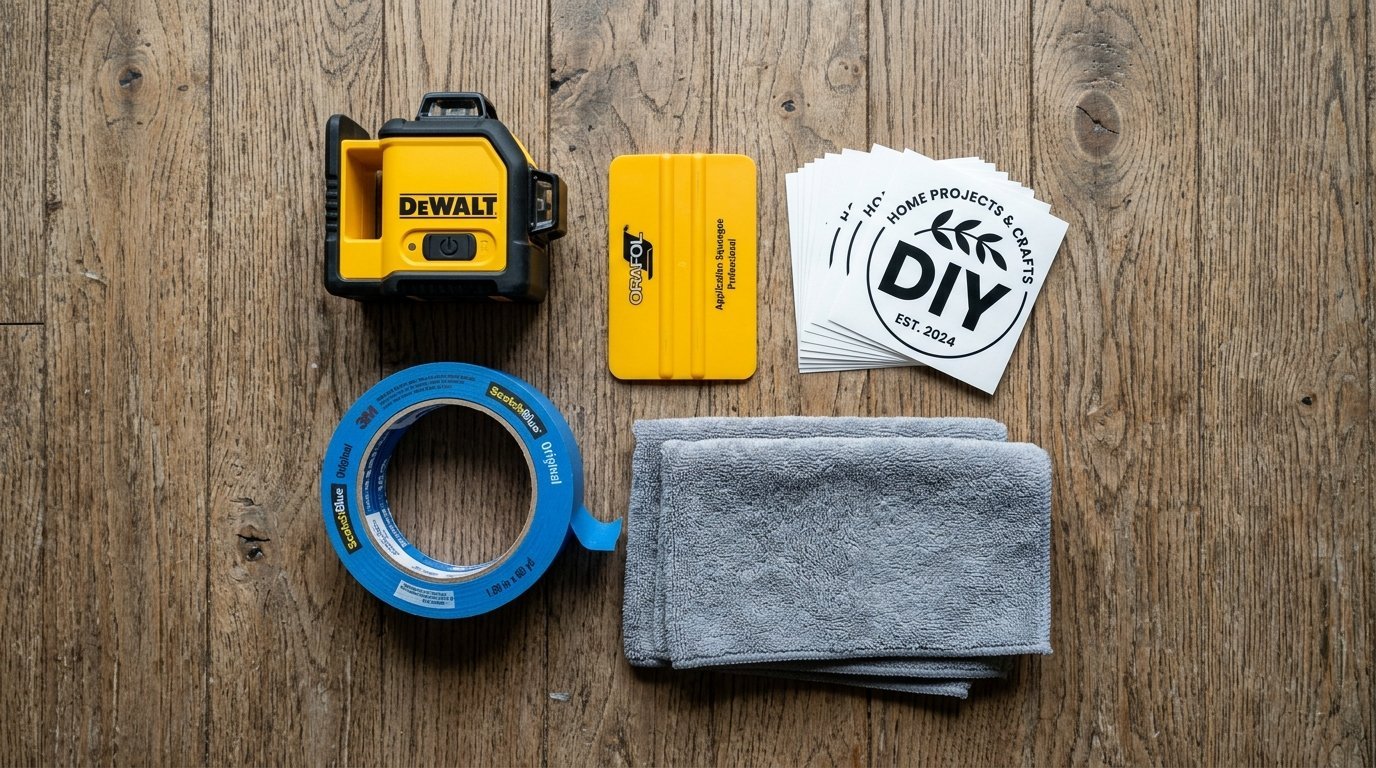 Top-down view of a Dewalt laser level, yellow squeegee, painter's tape, and DIY stickers on a wood surface.