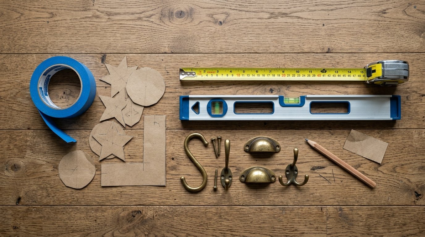 Top-down view of tape, a level, measuring tape, pencil, and metal hardware on a wooden floor.