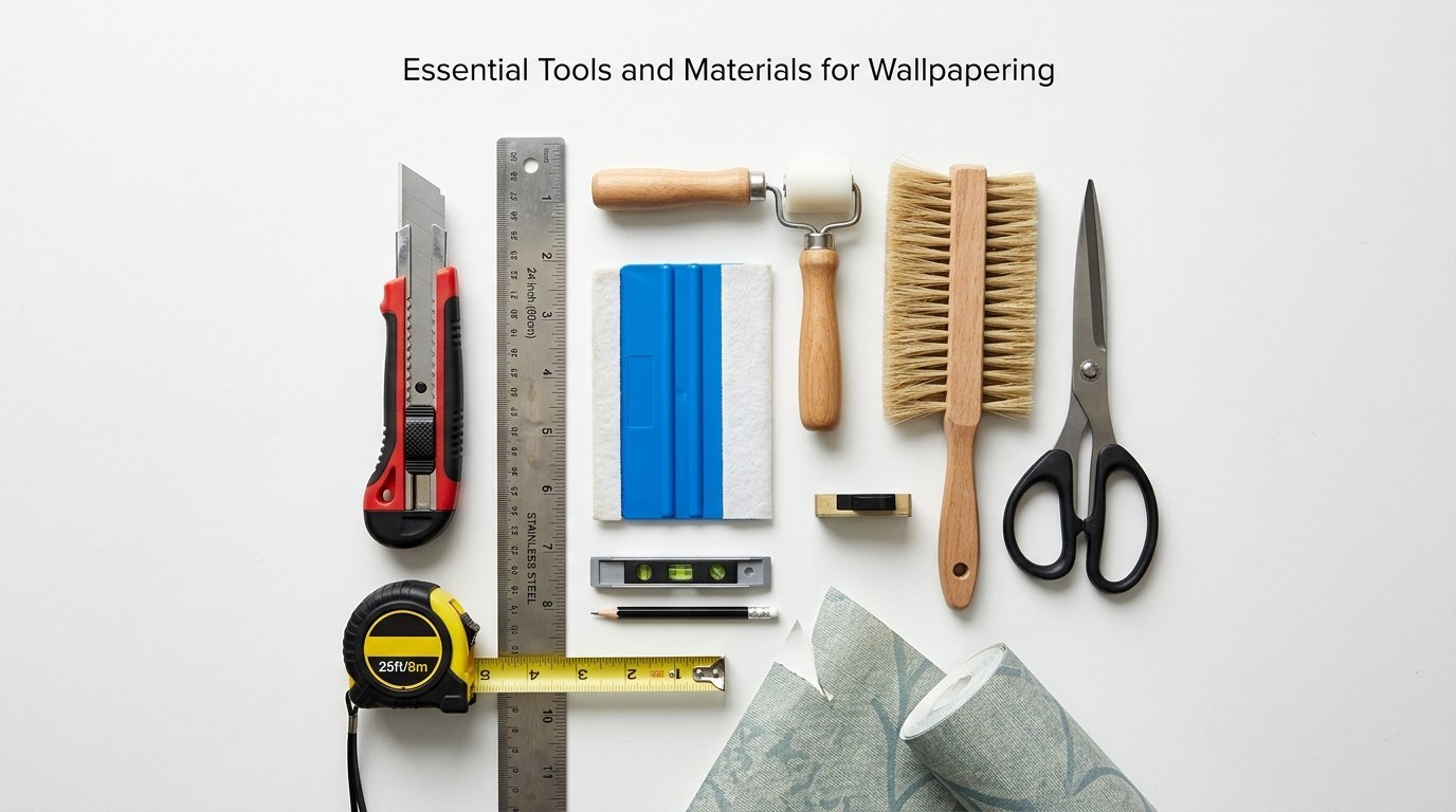 Top view of a utility knife, ruler, wallpaper smoothing tool, seam roller, brush, scissors, level, and tape measure.