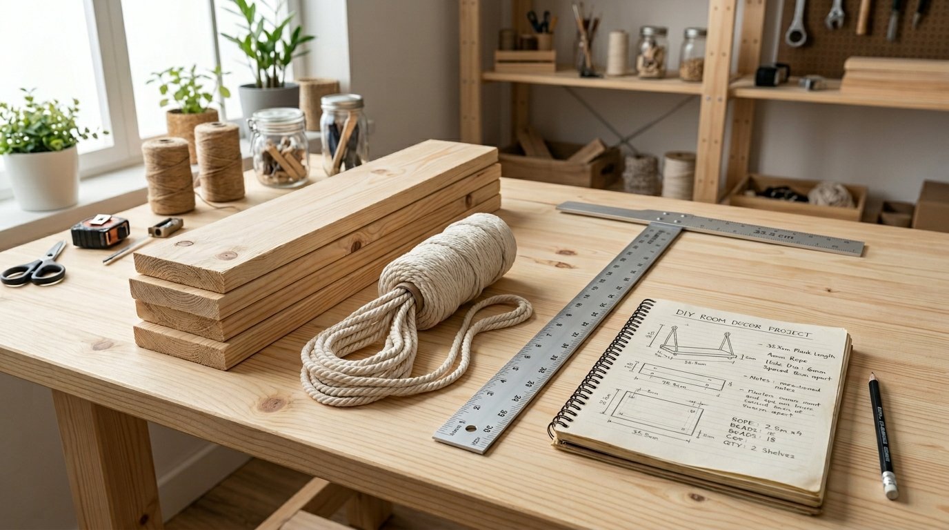 Wooden planks, a rope coil, a metal T-square, and a DIY sketch notebook resting on a wooden workshop table.