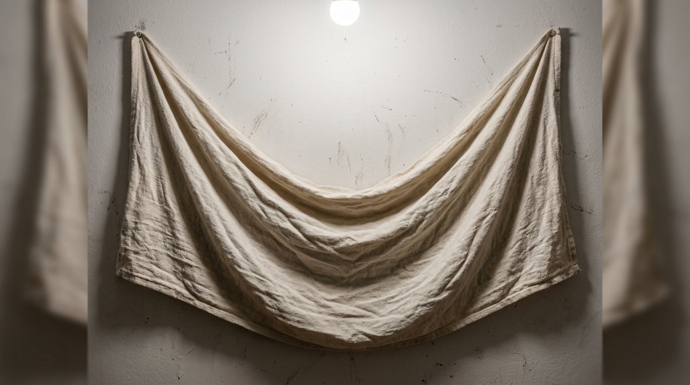 Close up of a cream-colored textile hanging from two pins under a bright light source.