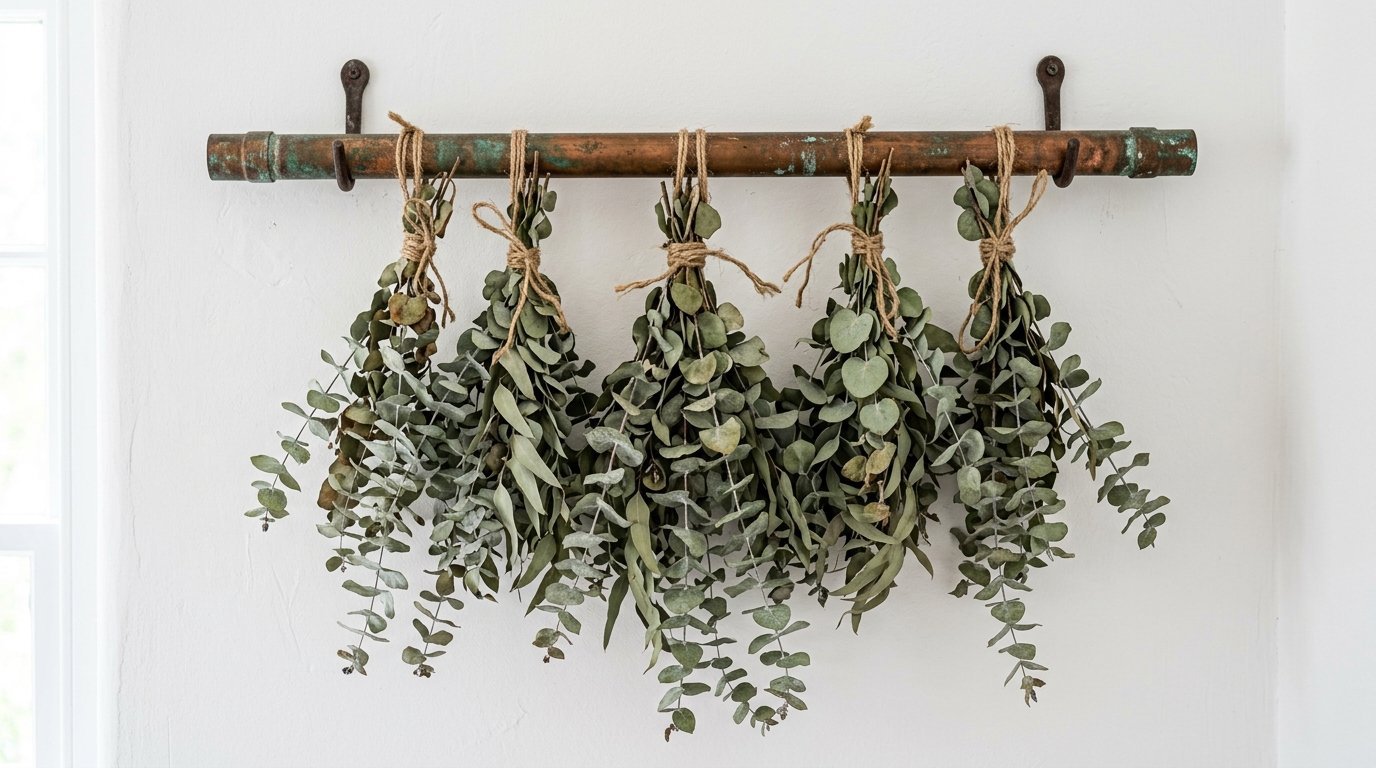 Bundles of dried green eucalyptus foliage tied with twine and suspended from a weathered copper pipe on a white wall.