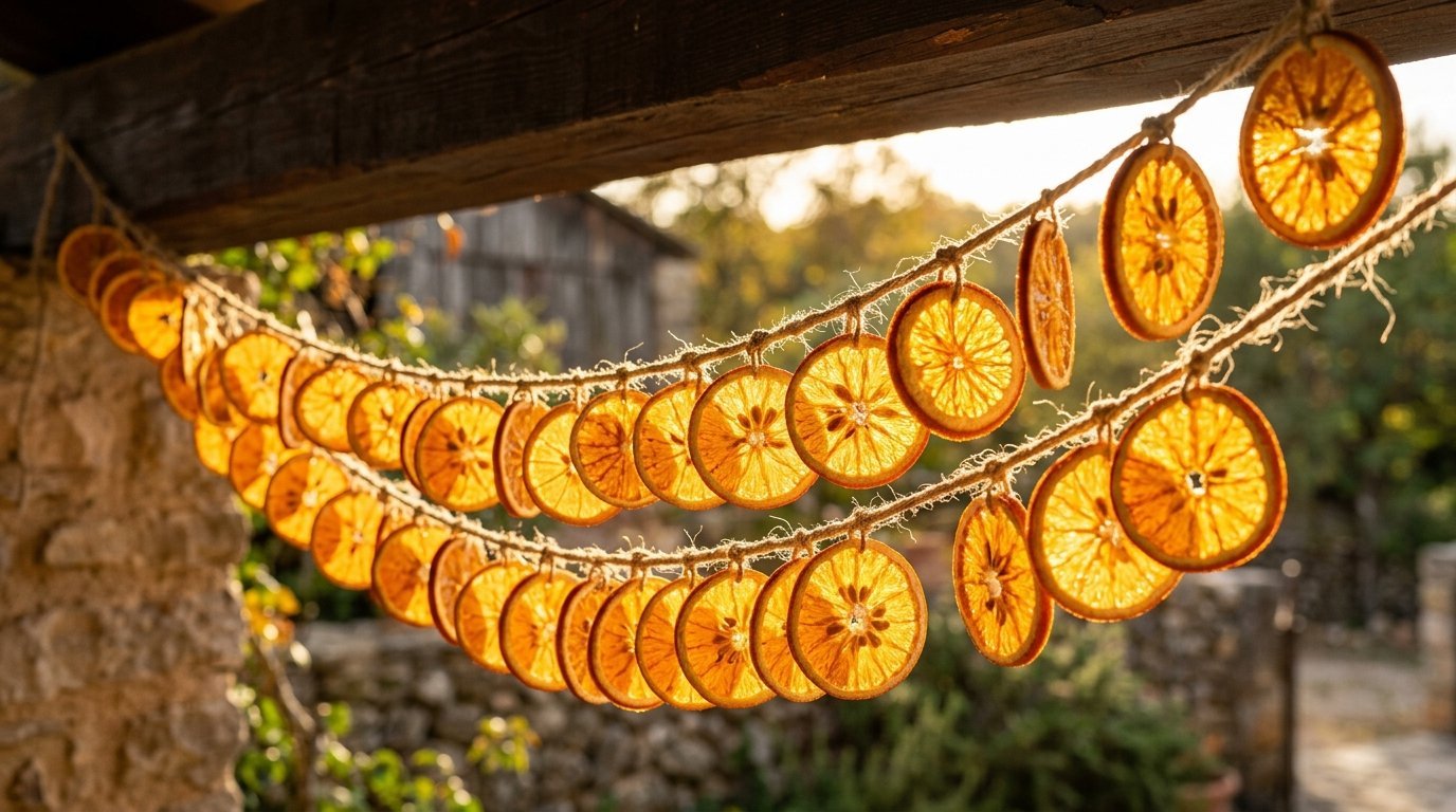Thin slices of dried citrus fruit strung together on twine, illuminated by golden hour light.